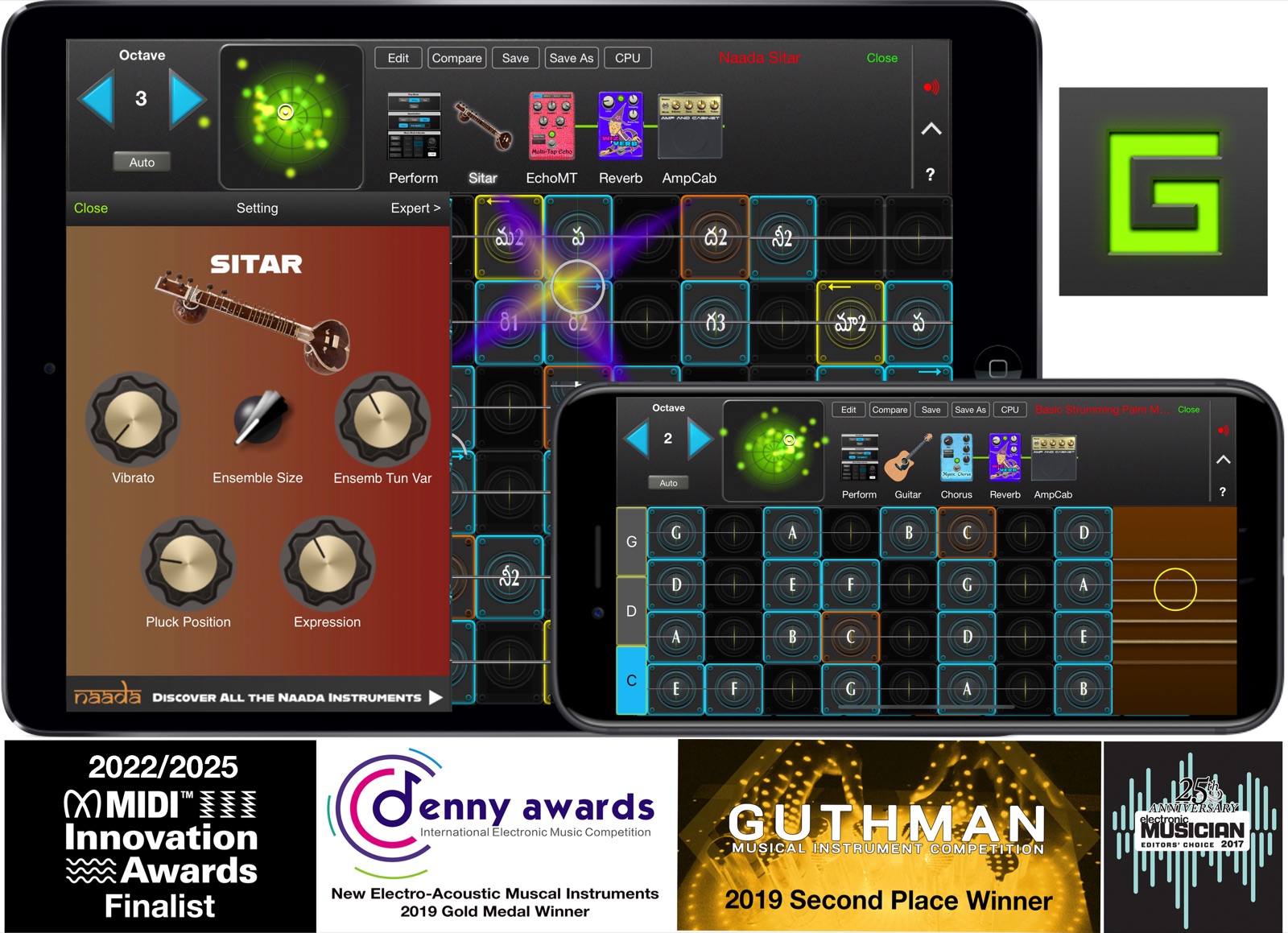 GeoShred on iPad and iPhone playing the Naada Sitar, with awards: MIDI Innovation Awards finalist 2022/2025, Denny Awards 2019 Gold Medal, Guthman Musical Instrument Competition 2019 Second Place, Electronic Musician Editors' Choice 2017